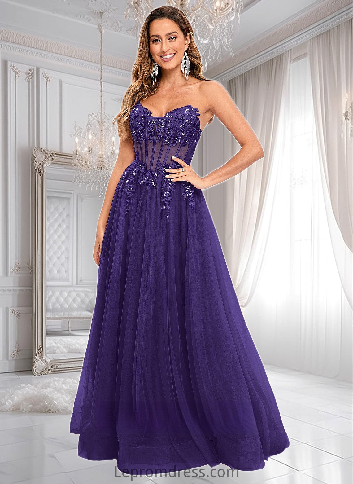 Delilah Ball-Gown/Princess V-Neck Floor-Length Tulle Prom Dresses With Sequins Appliques Lace HAP0025837