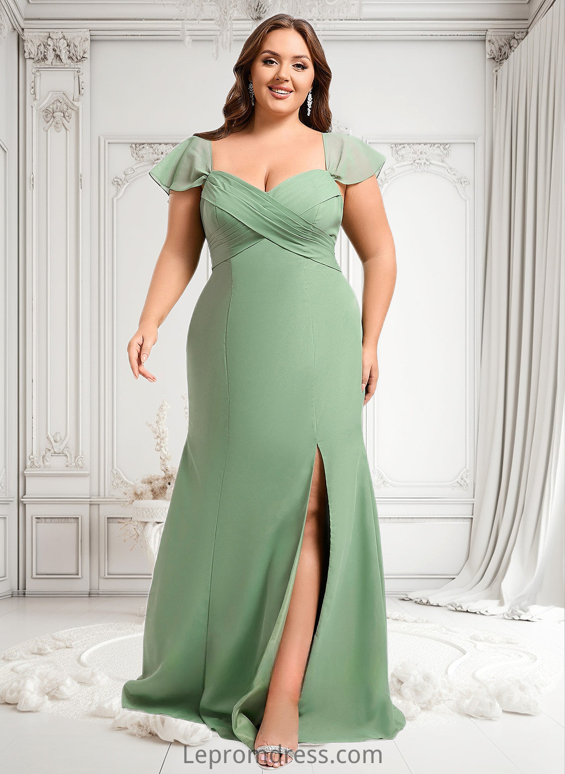 Andrea Trumpet/Mermaid Off the Shoulder V-Neck Floor-Length Chiffon Bridesmaid Dress HAP0025810