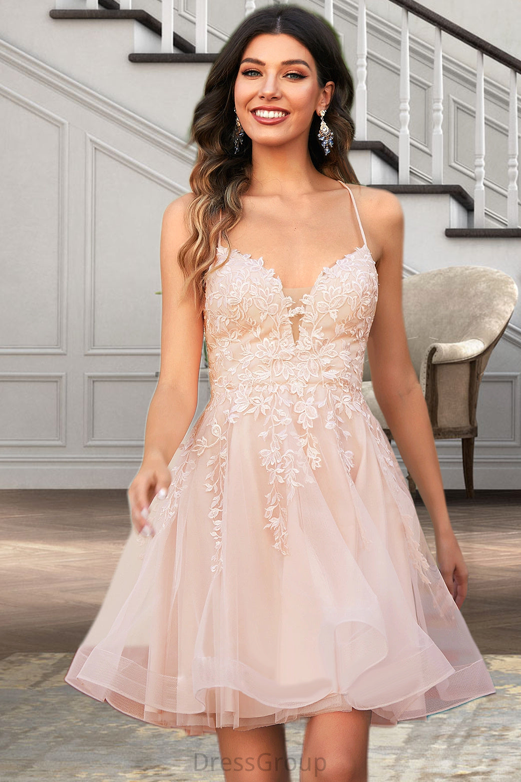 Amirah A-line V-Neck Short/Mini Lace Tulle Homecoming Dress With Sequins HAP0020500