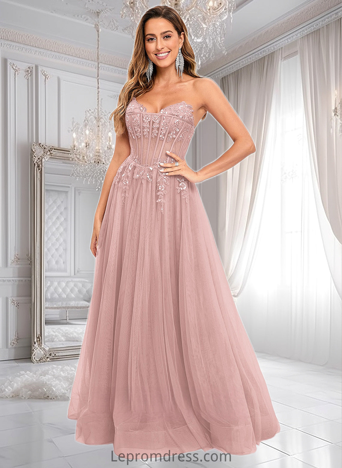 Delilah Ball-Gown/Princess V-Neck Floor-Length Tulle Prom Dresses With Sequins Appliques Lace HAP0025837