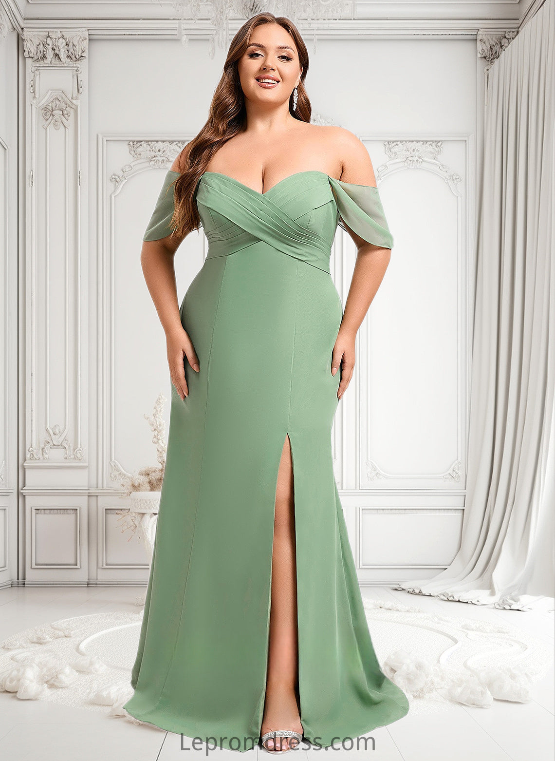 Andrea Trumpet/Mermaid Off the Shoulder V-Neck Floor-Length Chiffon Bridesmaid Dress HAP0025810