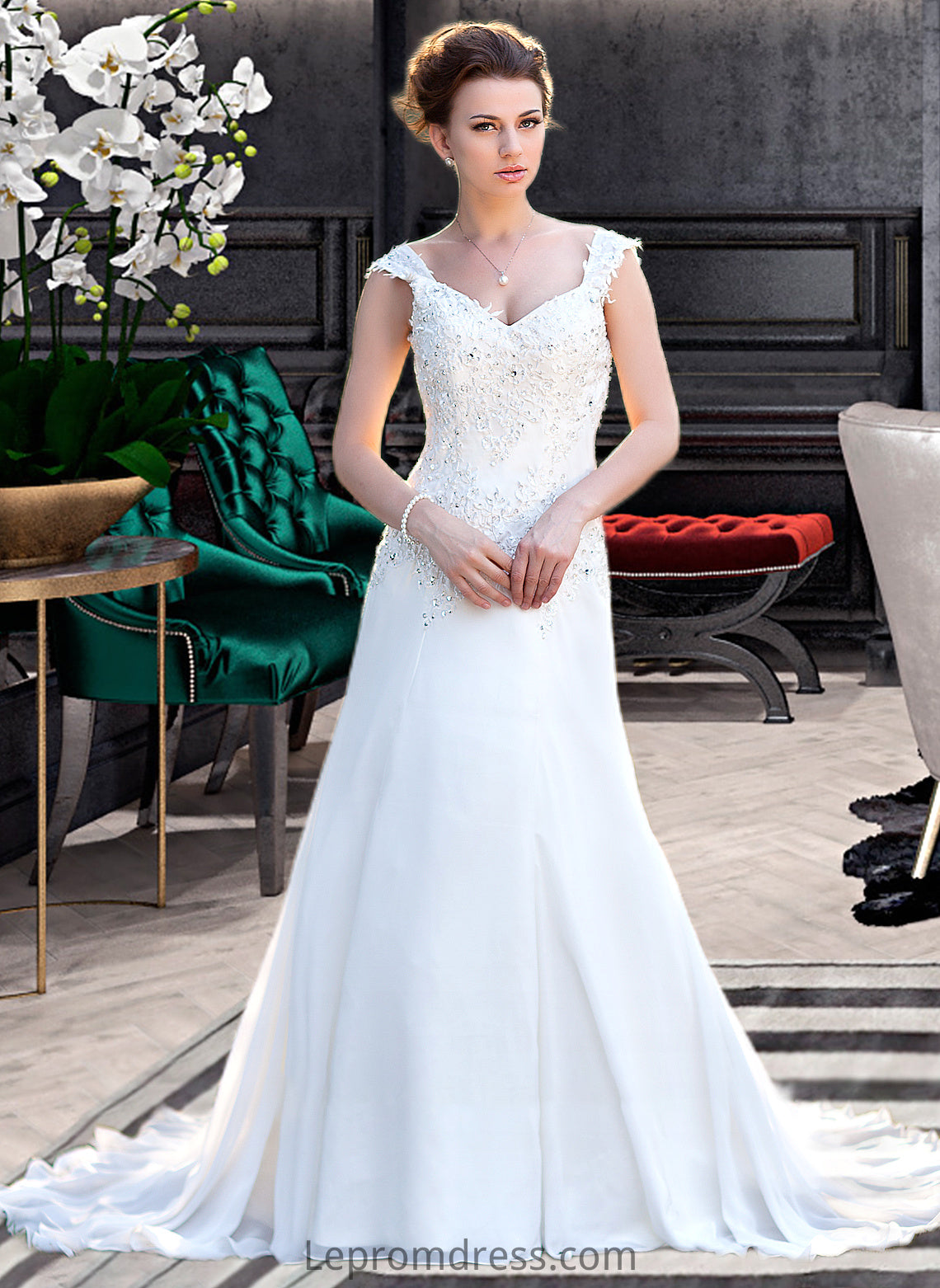 Paula A-Line V-neck Court Train Chiffon Wedding Dress With Lace Beading Sequins HAP0013776