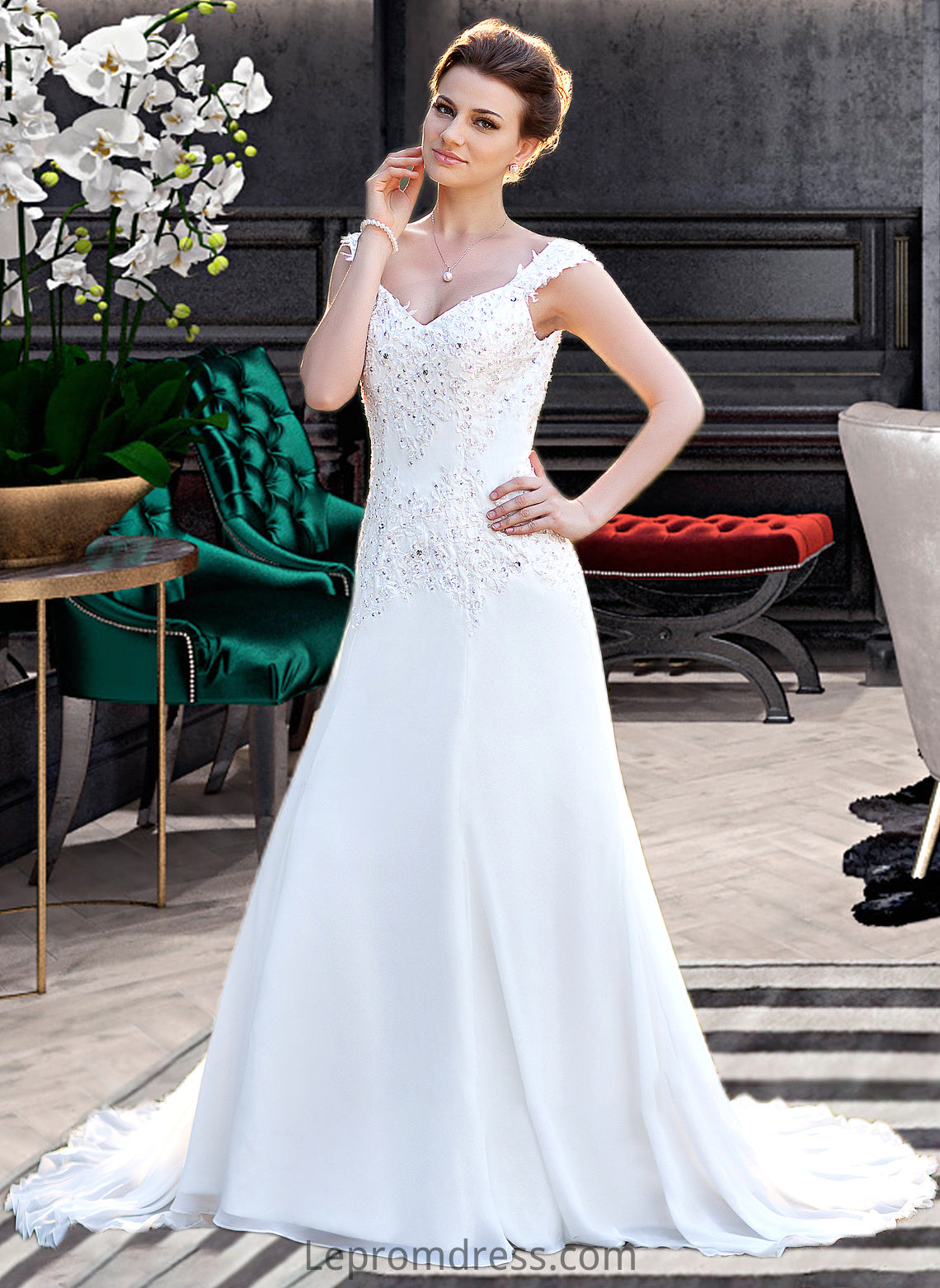 Paula A-Line V-neck Court Train Chiffon Wedding Dress With Lace Beading Sequins HAP0013776