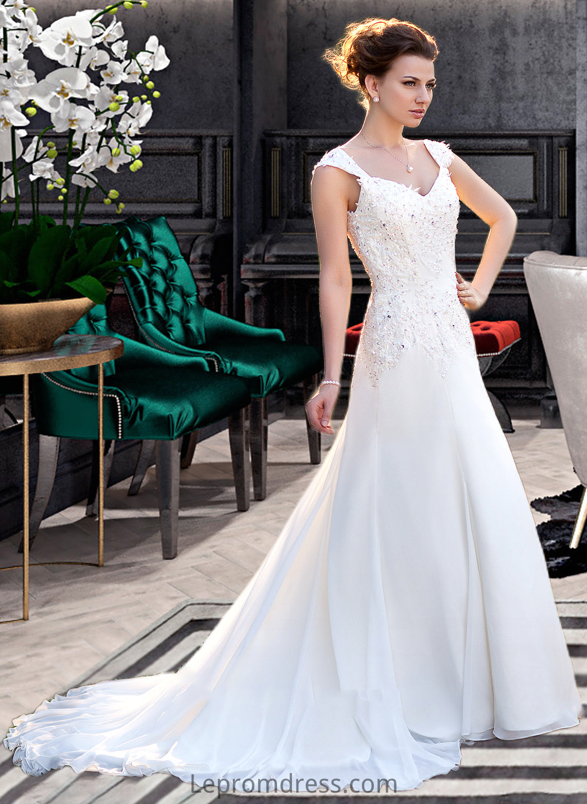 Paula A-Line V-neck Court Train Chiffon Wedding Dress With Lace Beading Sequins HAP0013776