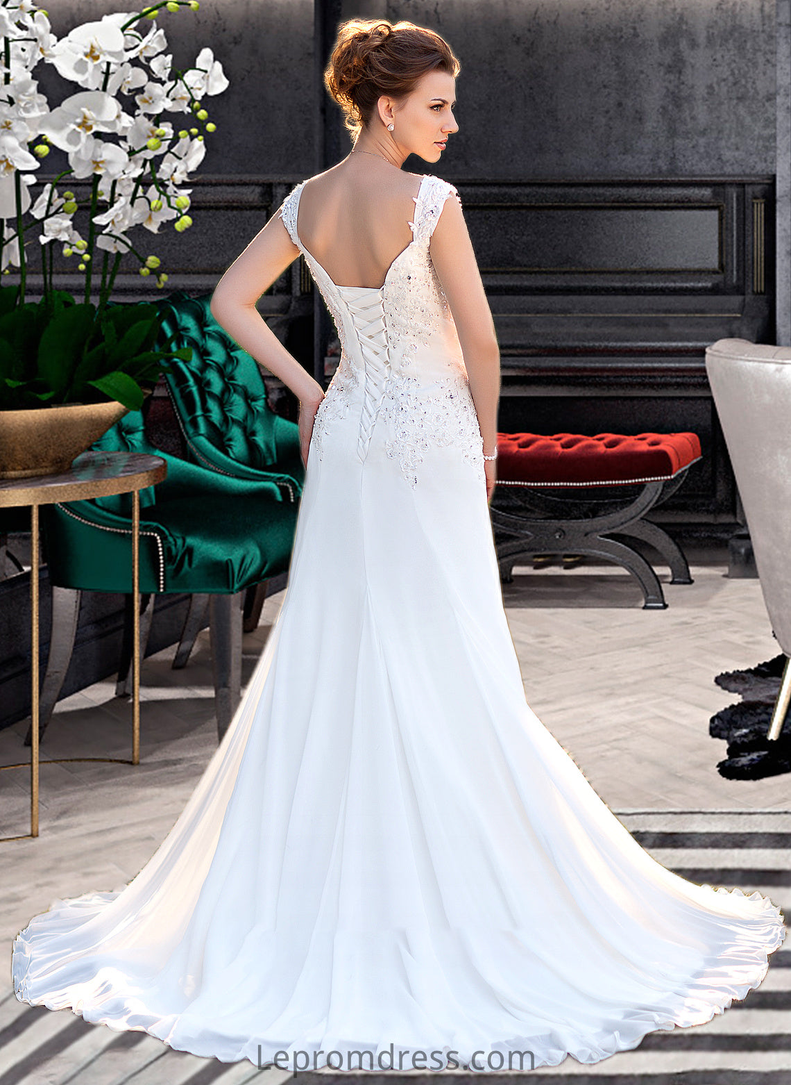 Paula A-Line V-neck Court Train Chiffon Wedding Dress With Lace Beading Sequins HAP0013776