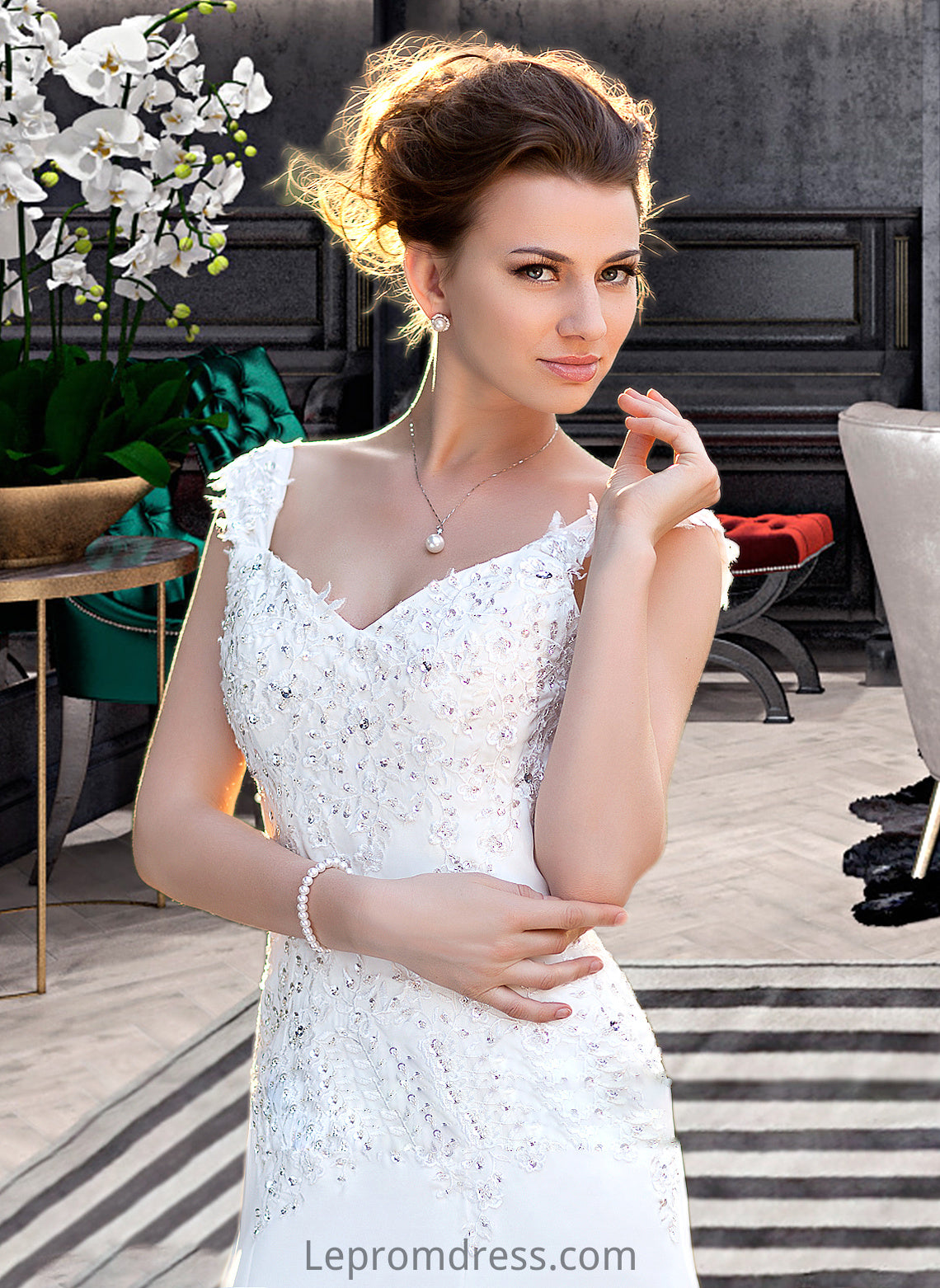 Paula A-Line V-neck Court Train Chiffon Wedding Dress With Lace Beading Sequins HAP0013776