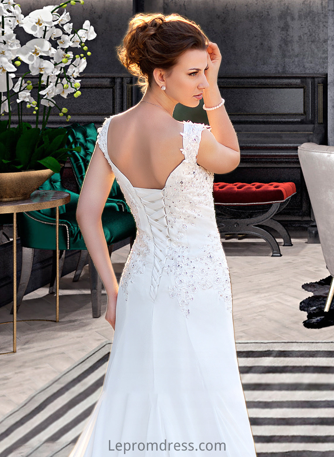 Paula A-Line V-neck Court Train Chiffon Wedding Dress With Lace Beading Sequins HAP0013776