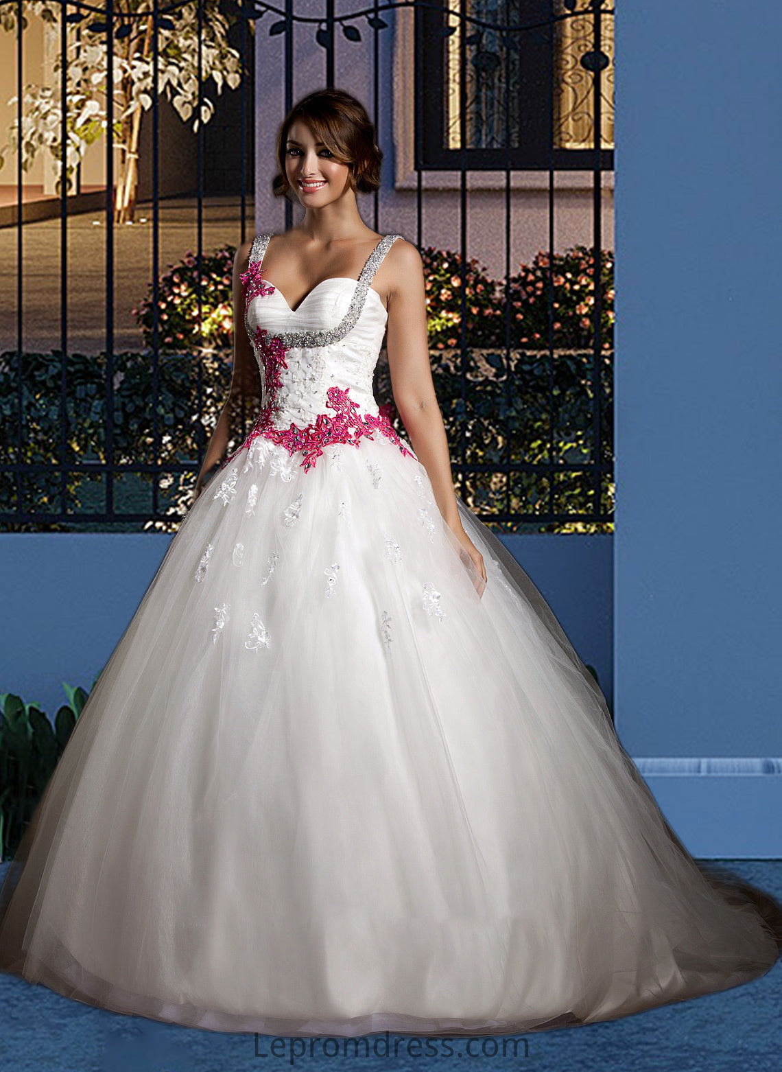 Jillian Ball-Gown/Princess Sweetheart Chapel Train Tulle Wedding Dress With Ruffle Appliques Lace Bow(s) HAP0013780