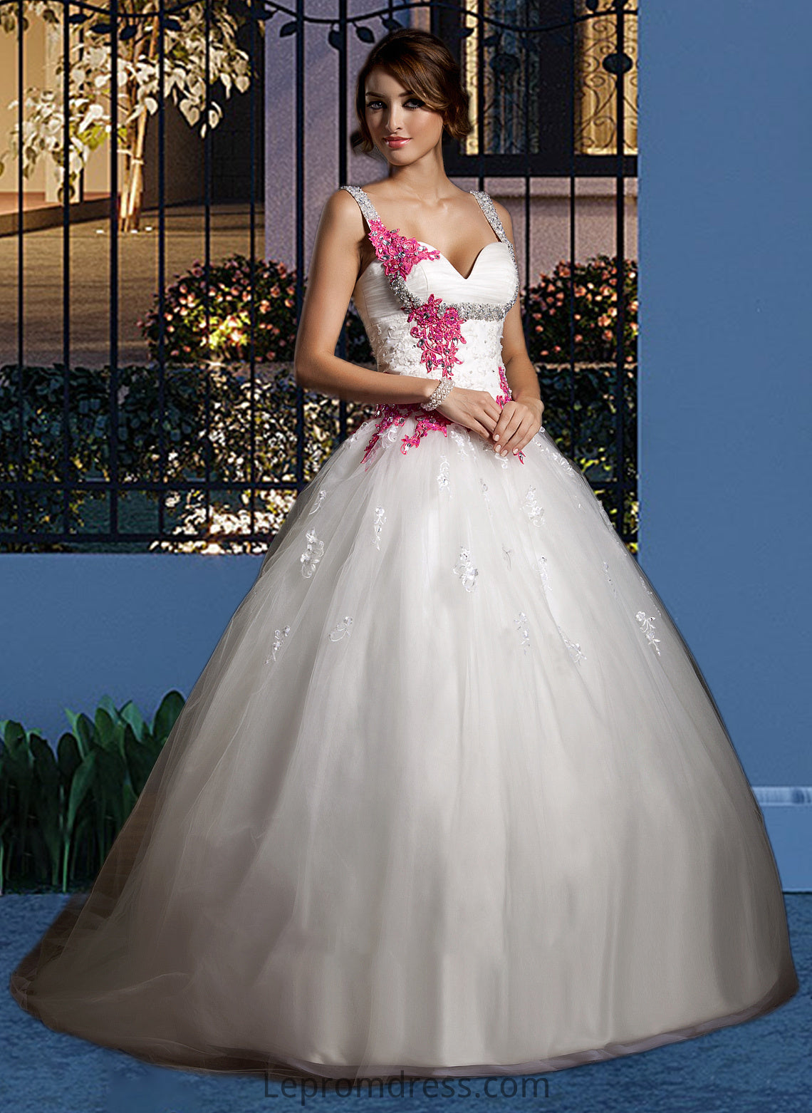 Jillian Ball-Gown/Princess Sweetheart Chapel Train Tulle Wedding Dress With Ruffle Appliques Lace Bow(s) HAP0013780