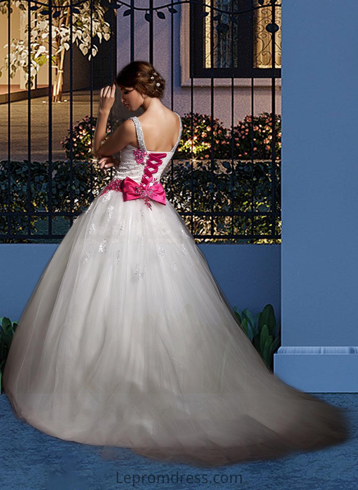 Jillian Ball-Gown/Princess Sweetheart Chapel Train Tulle Wedding Dress With Ruffle Appliques Lace Bow(s) HAP0013780