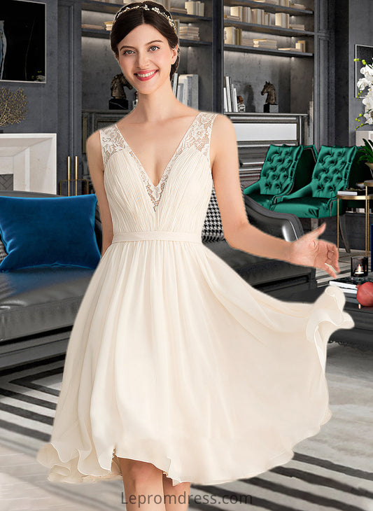 Valerie A-Line V-neck Knee-Length Chiffon Lace Wedding Dress With Ruffle HAP0013794