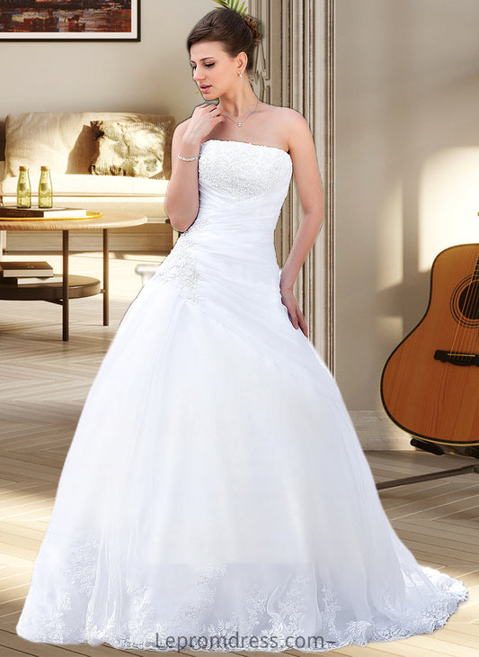 Bethany Ball-Gown/Princess Strapless Chapel Train Satin Organza Wedding Dress With Lace Beading HAP0013796