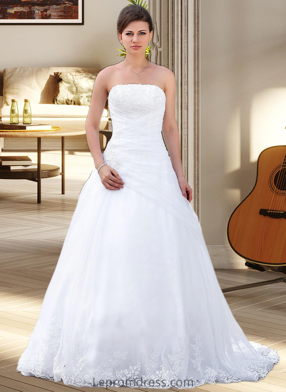 Bethany Ball-Gown/Princess Strapless Chapel Train Satin Organza Wedding Dress With Lace Beading HAP0013796