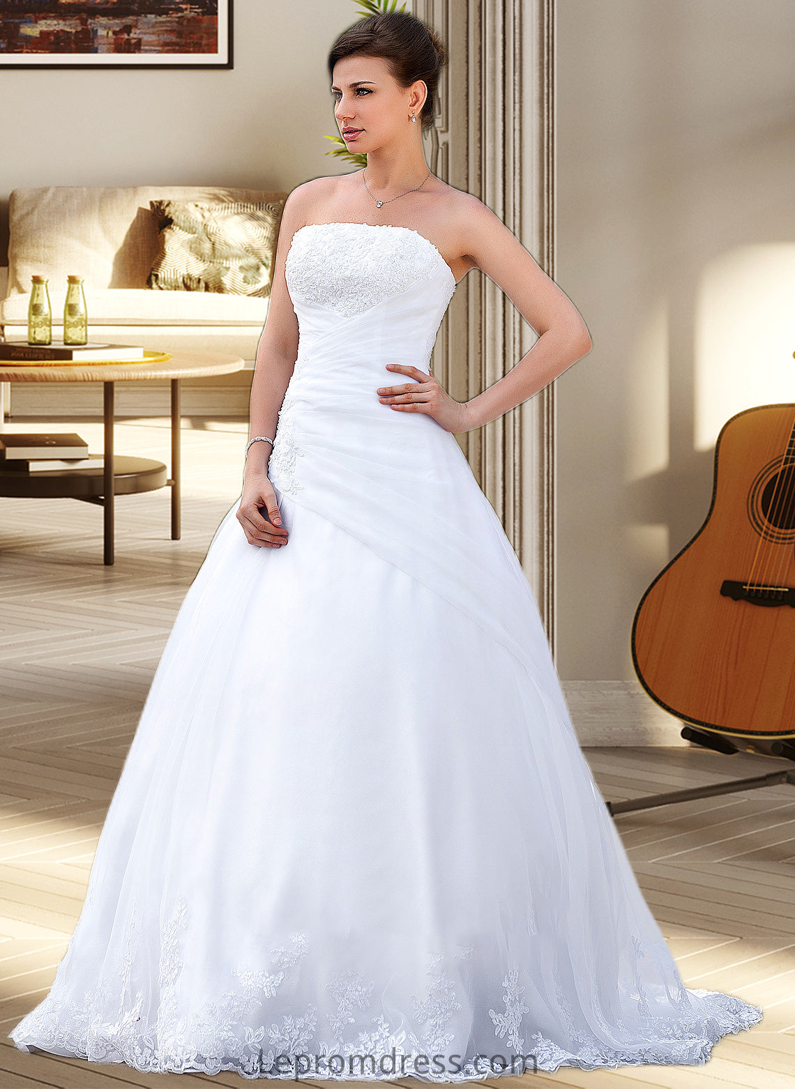 Bethany Ball-Gown/Princess Strapless Chapel Train Satin Organza Wedding Dress With Lace Beading HAP0013796