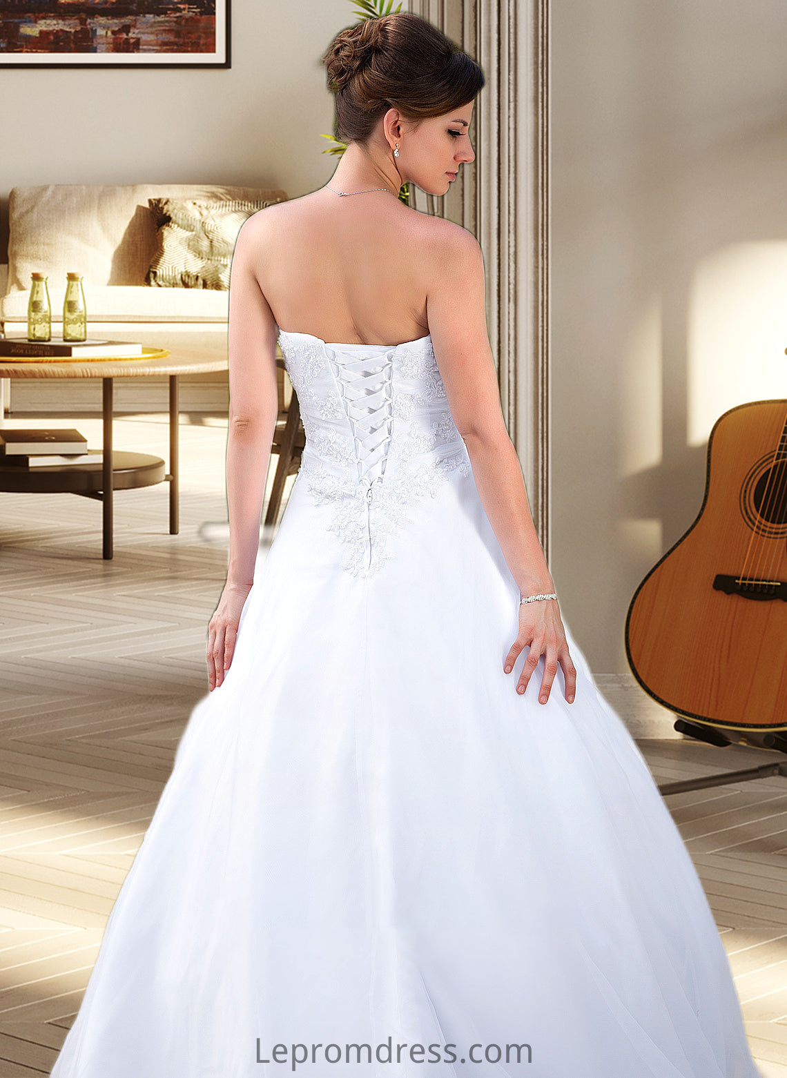 Bethany Ball-Gown/Princess Strapless Chapel Train Satin Organza Wedding Dress With Lace Beading HAP0013796