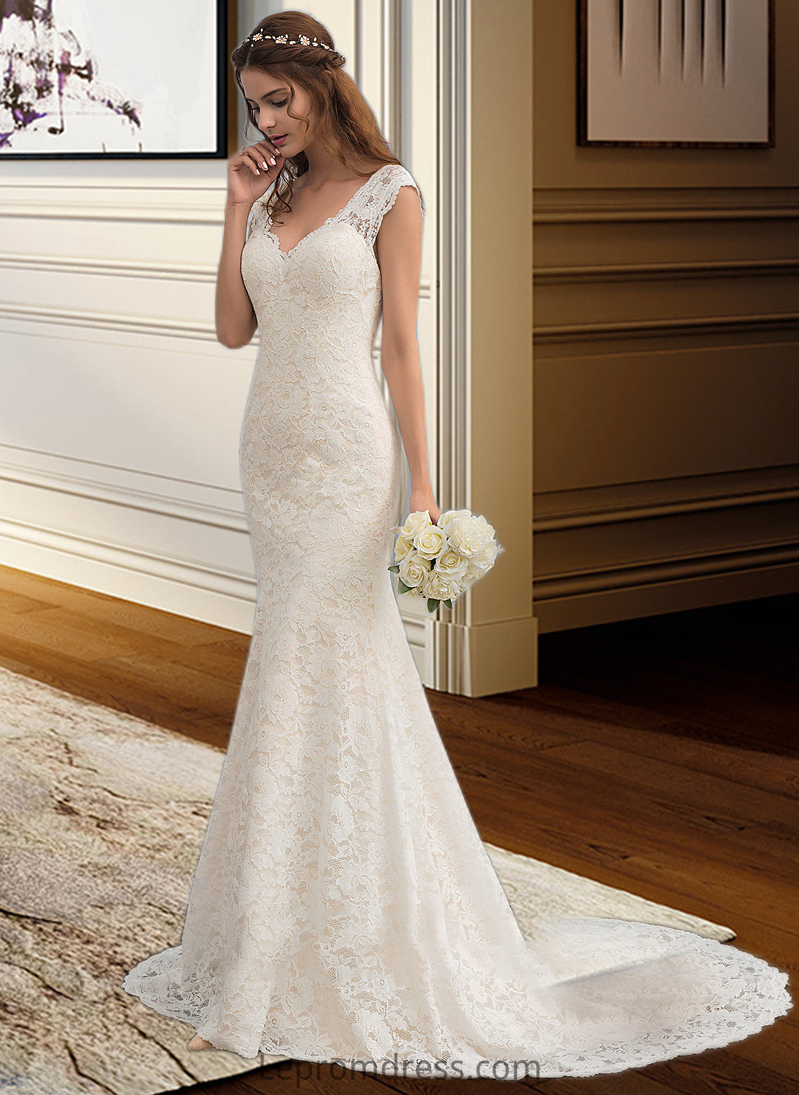 Mariyah Trumpet/Mermaid V-neck Court Train Lace Wedding Dress HAP0013804