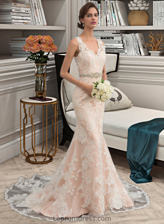 Leanna Trumpet/Mermaid V-neck Chapel Train Tulle Lace Wedding Dress With Beading HAP0013810