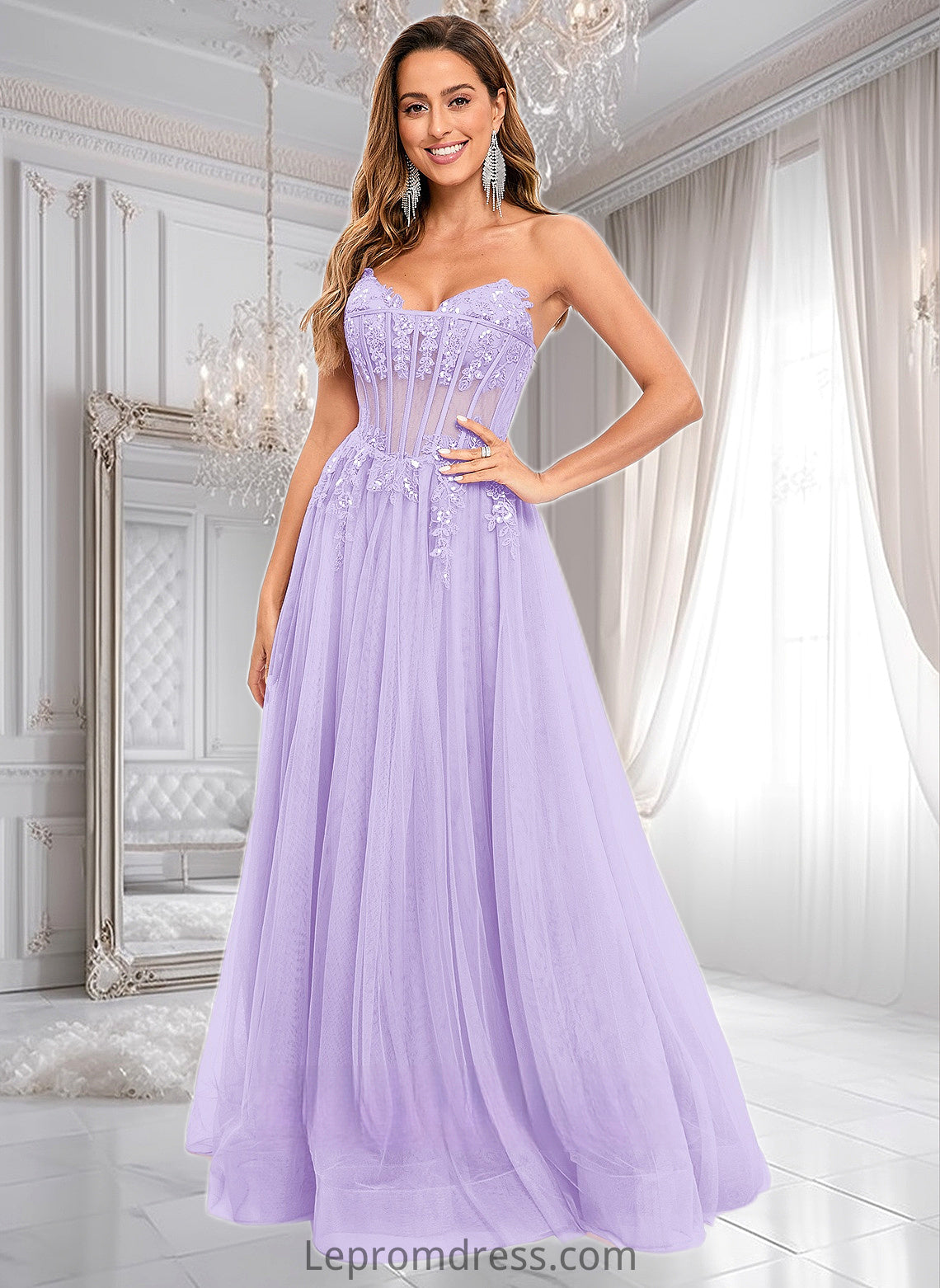 Delilah Ball-Gown/Princess V-Neck Floor-Length Tulle Prom Dresses With Sequins Appliques Lace HAP0025837