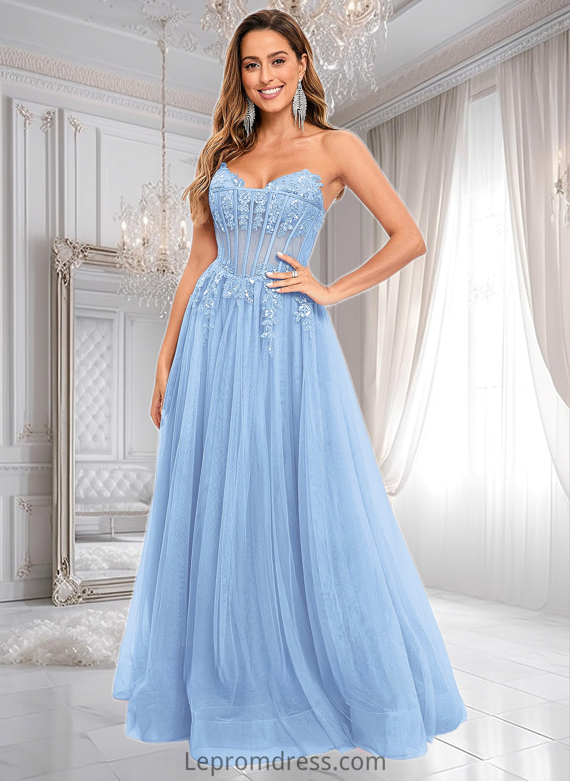 Delilah Ball-Gown/Princess V-Neck Floor-Length Tulle Prom Dresses With Sequins Appliques Lace HAP0025837