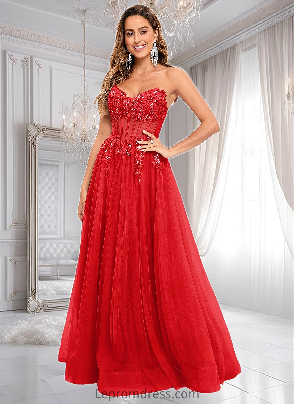 Delilah Ball-Gown/Princess V-Neck Floor-Length Tulle Prom Dresses With Sequins Appliques Lace HAP0025837