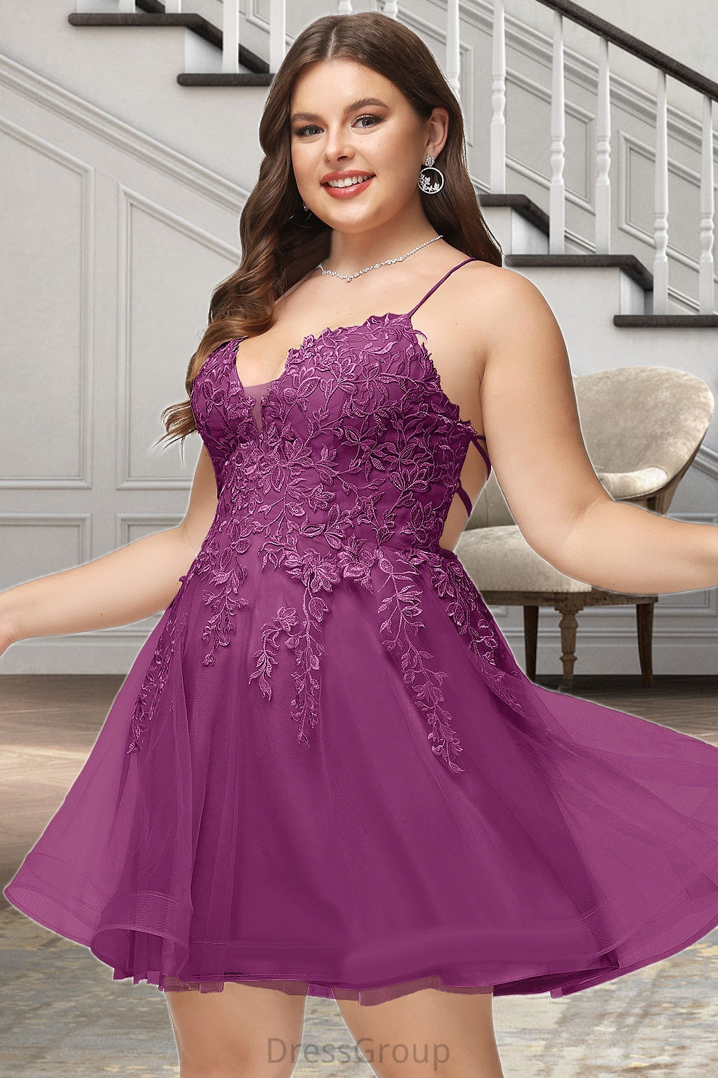 Amirah A-line V-Neck Short/Mini Lace Tulle Homecoming Dress With Sequins HAP0020500