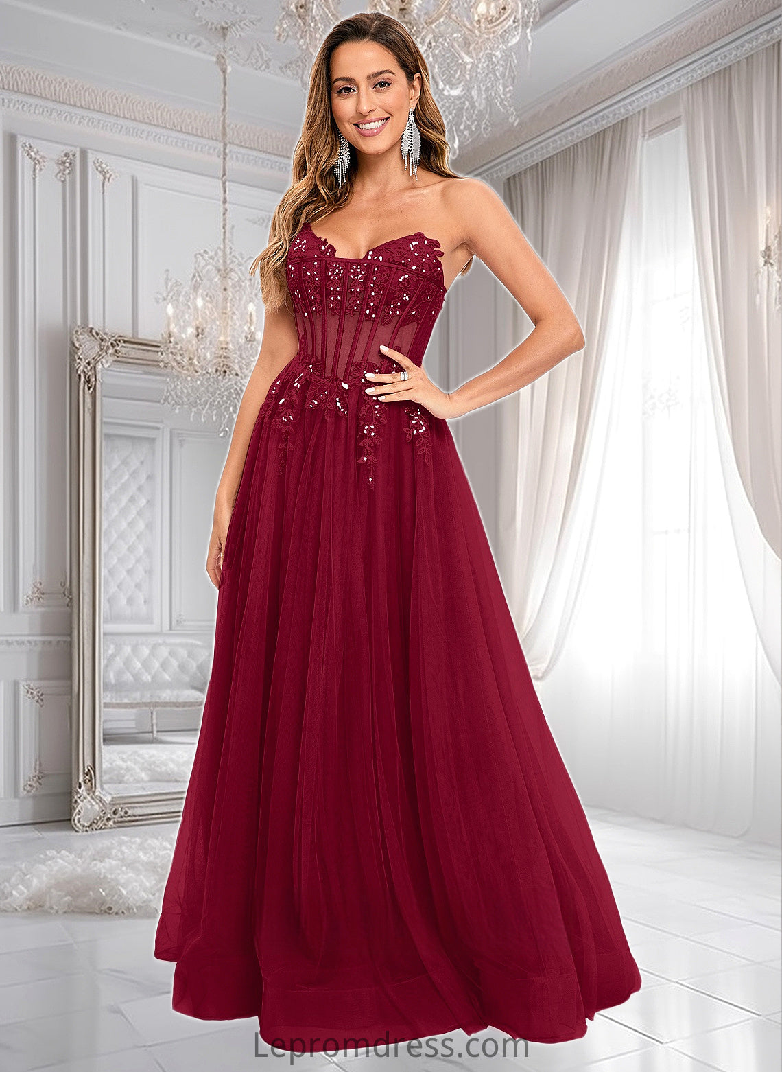 Delilah Ball-Gown/Princess V-Neck Floor-Length Tulle Prom Dresses With Sequins Appliques Lace HAP0025837