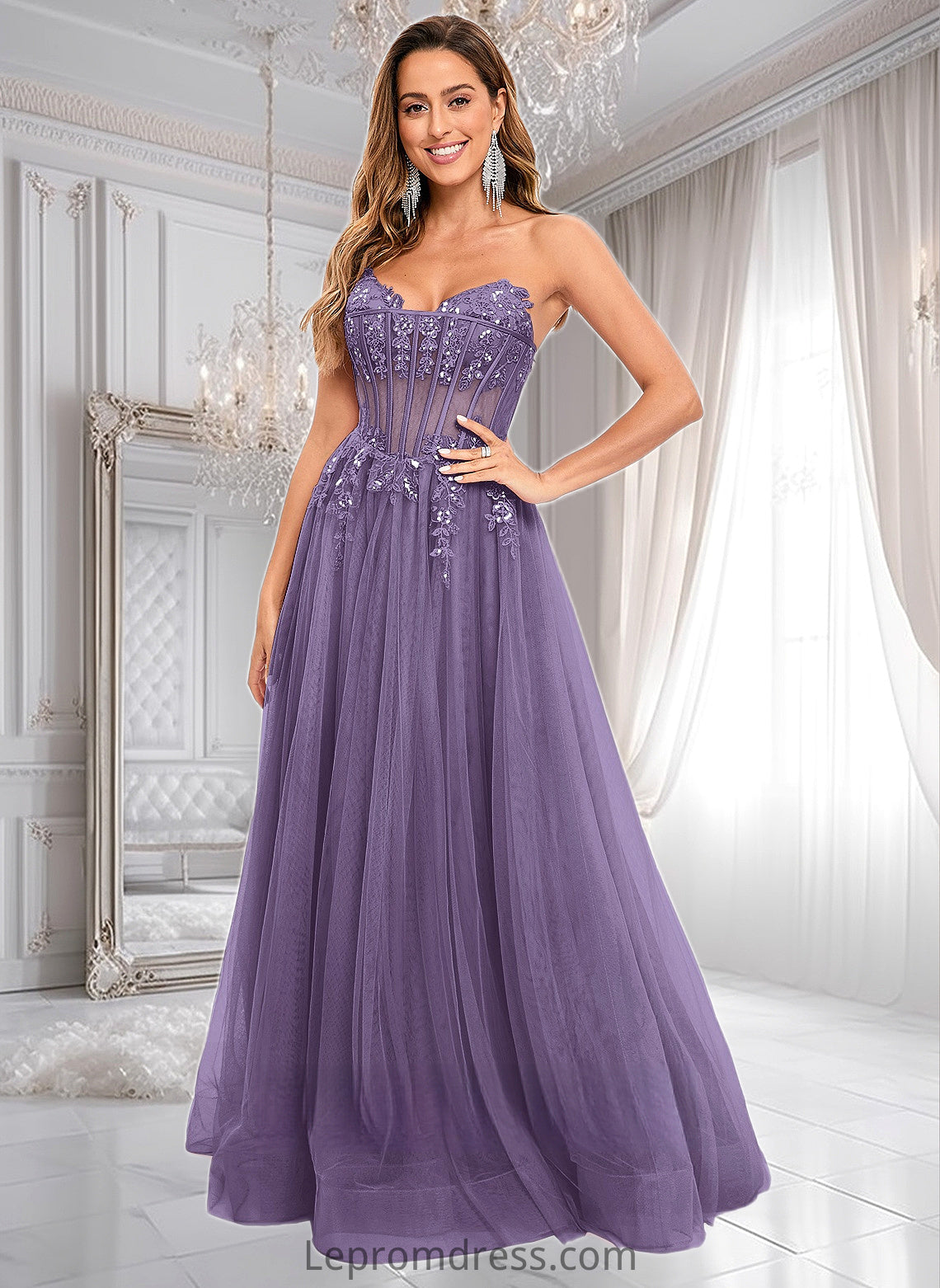 Delilah Ball-Gown/Princess V-Neck Floor-Length Tulle Prom Dresses With Sequins Appliques Lace HAP0025837