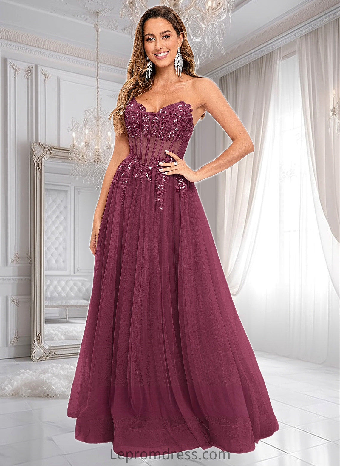 Delilah Ball-Gown/Princess V-Neck Floor-Length Tulle Prom Dresses With Sequins Appliques Lace HAP0025837