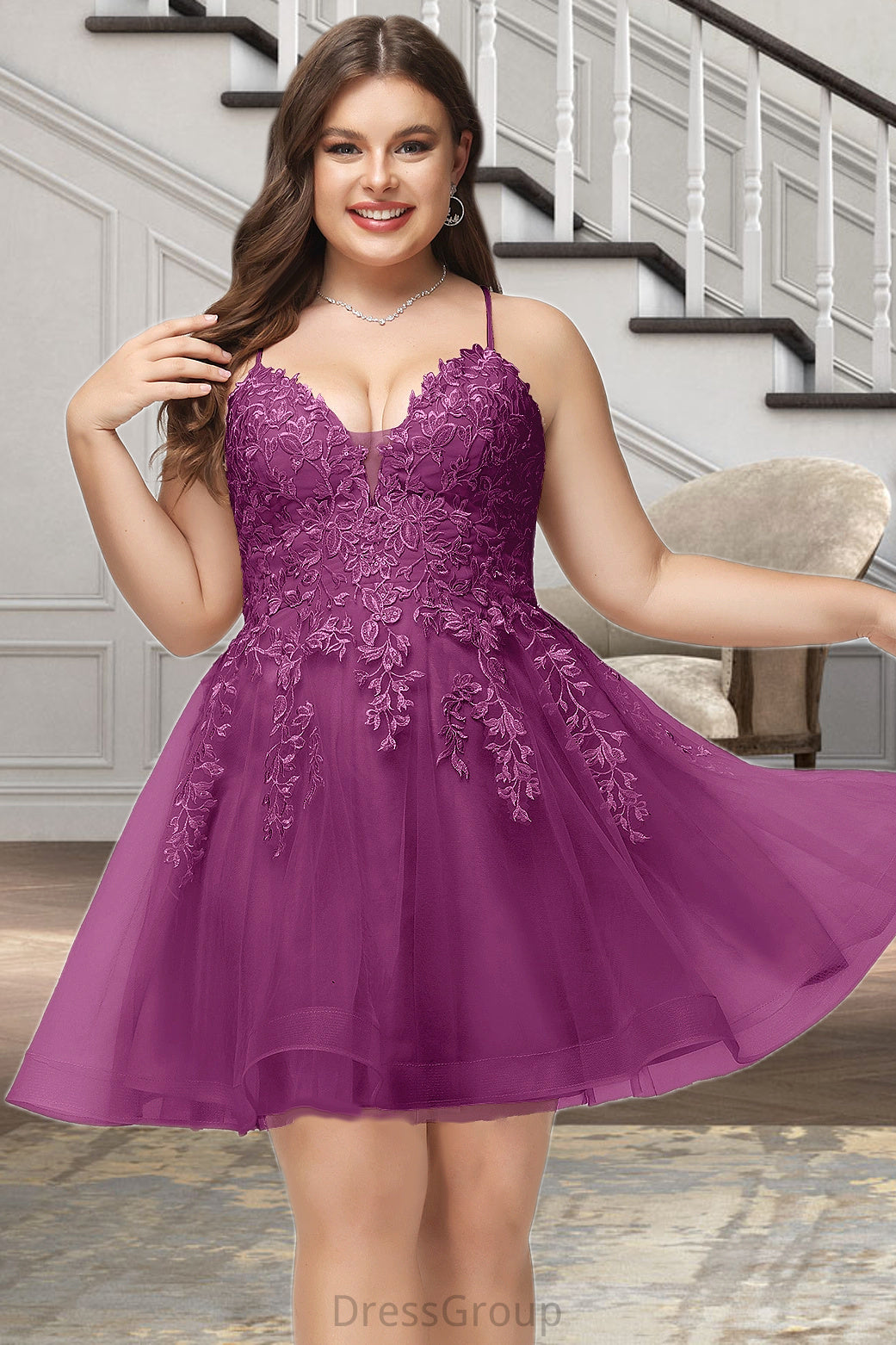 Amirah A-line V-Neck Short/Mini Lace Tulle Homecoming Dress With Sequins HAP0020500