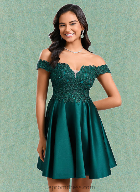 Kyra A-line Off the Shoulder Short Lace Satin Homecoming Dress With Rhinestone HAP0025718