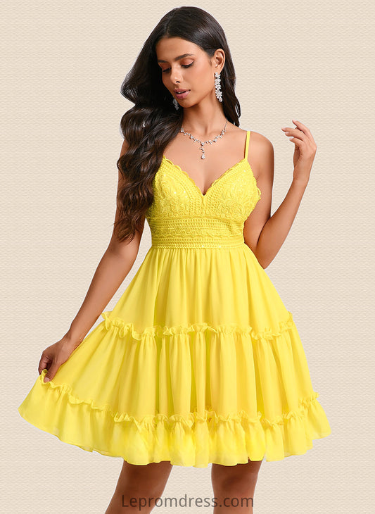 Jolie A-line V-Neck Short Chiffon Homecoming Dress With Ruffle Sequins HAP0025700