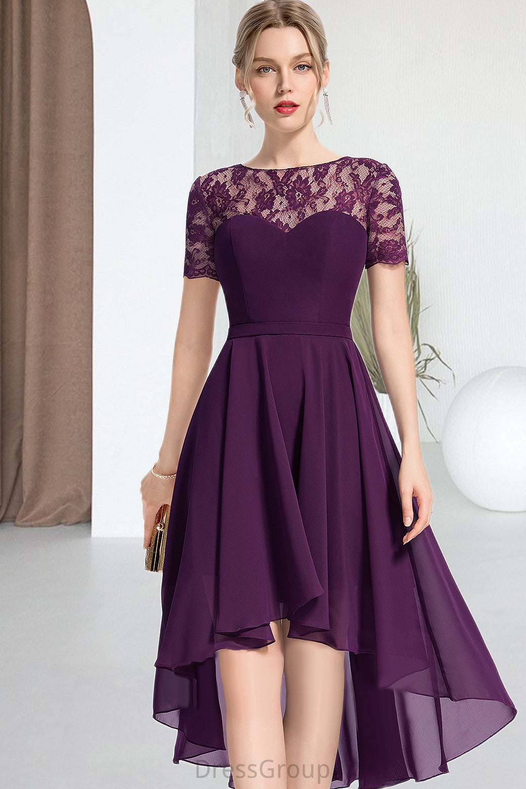 Gabrielle A-line Scoop Asymmetrical Chiffon Lace Homecoming Dress HAP0020587