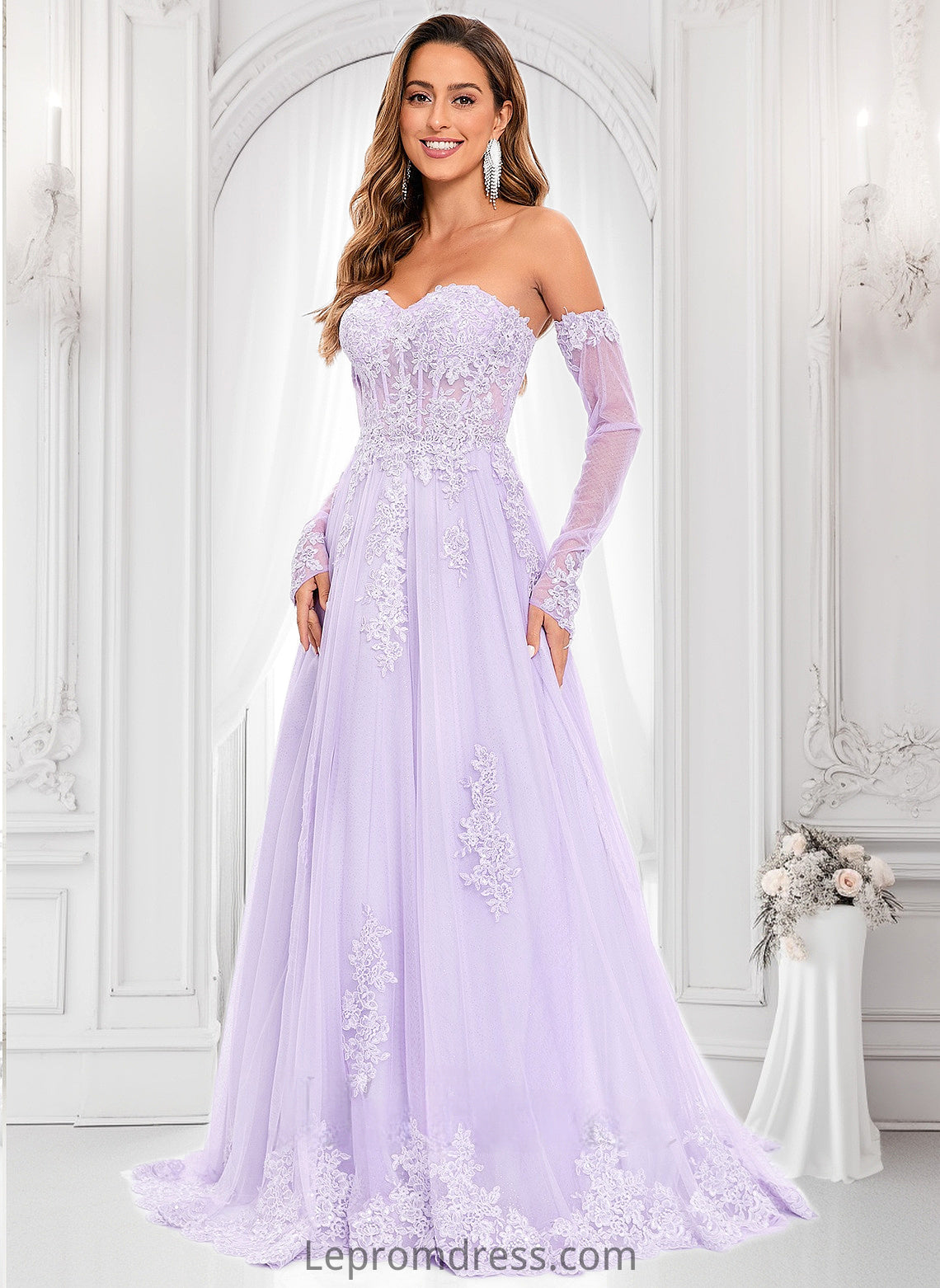 Marin A-line Sweetheart Sweep Train Tulle Prom Dresses With Sequins Appliques Lace HAP0025856