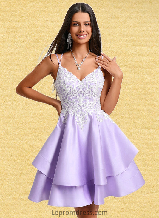 Maren A-line V-Neck Short Satin Homecoming Dress With Appliques Lace HAP0025696