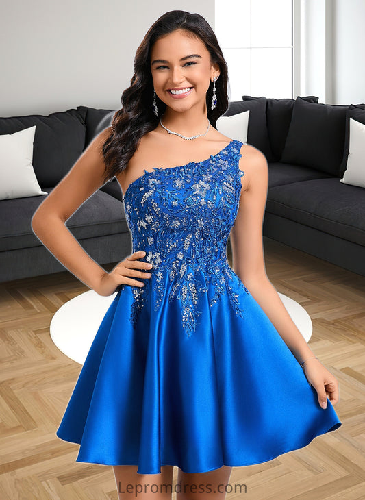 Kaliyah A-line One Shoulder Short Satin Homecoming Dress With Appliques Lace Sequins HAP0025657