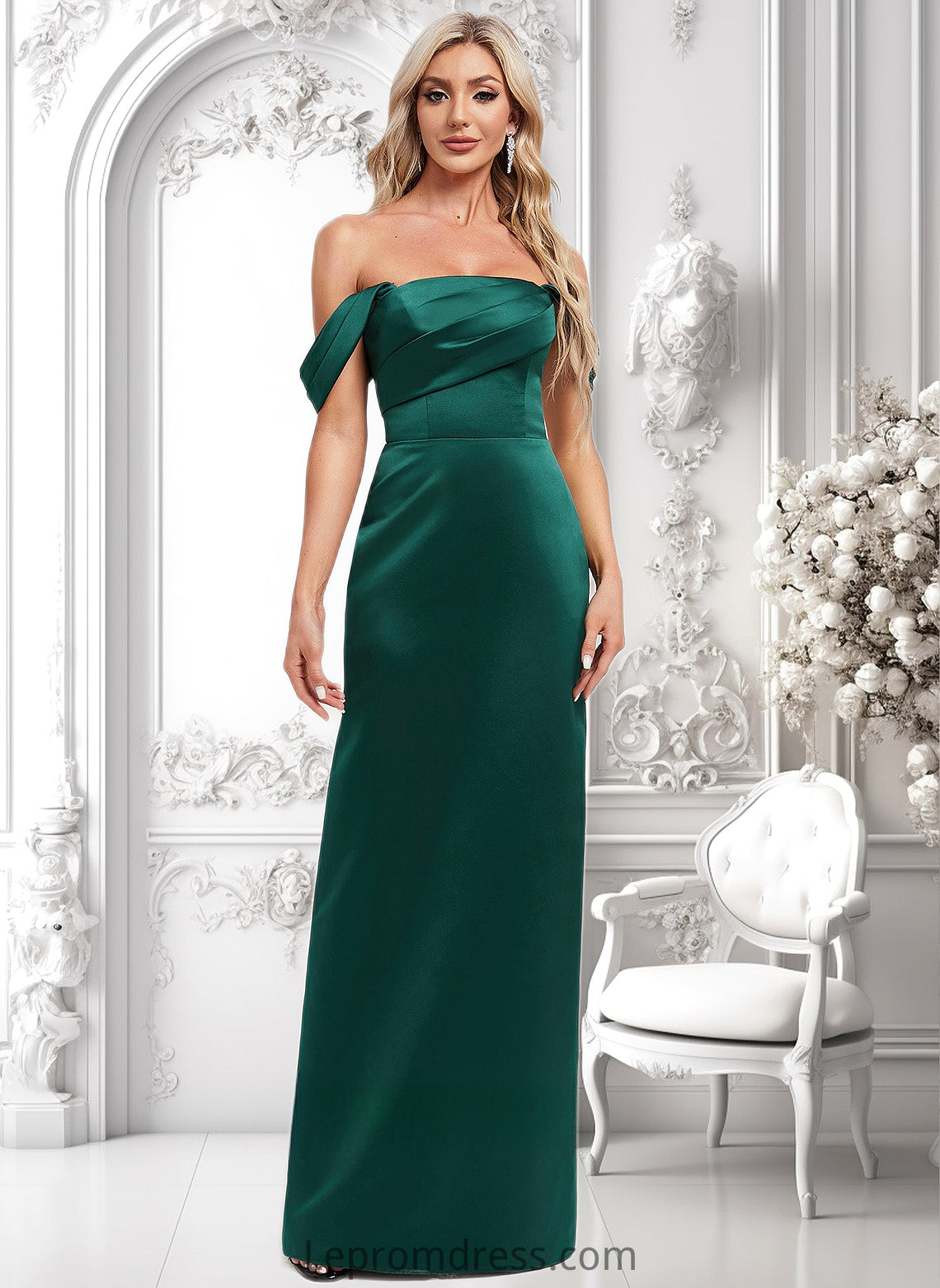 Elle Sheath/Column Off the Shoulder Floor-Length Satin Bridesmaid Dress HAP0025815