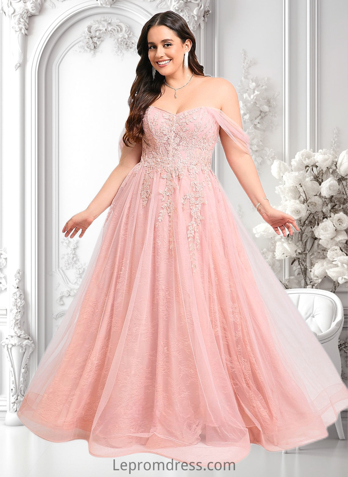 Mila A-line Sweetheart Off the Shoulder Floor-Length Tulle Floral Lace Prom Dresses With Appliques Lace HAP0025870