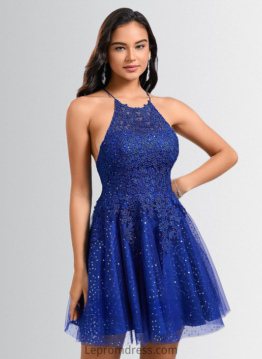 Allisson A-line Scoop Short Tulle Lace Homecoming Dress With Sequins HAP0025688