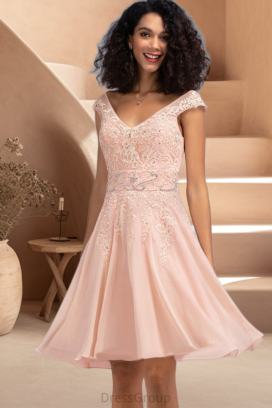 Cindy A-line V-Neck Knee-Length Chiffon Lace Homecoming Dress With Beading HAP0020565