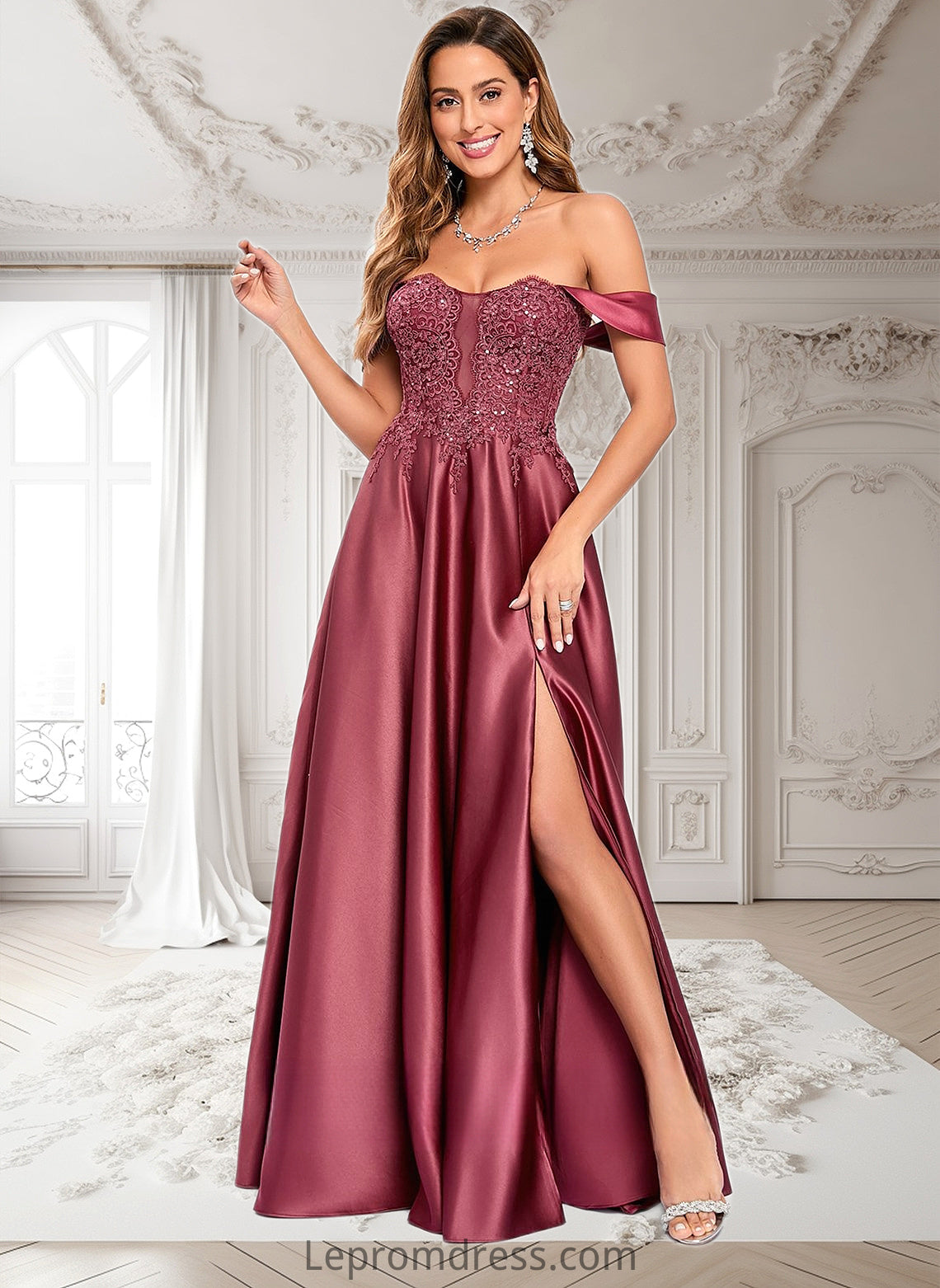 Magdalena A-line Off the Shoulder Floor-Length Satin Lace Prom Dresses With Sequins HAP0025841