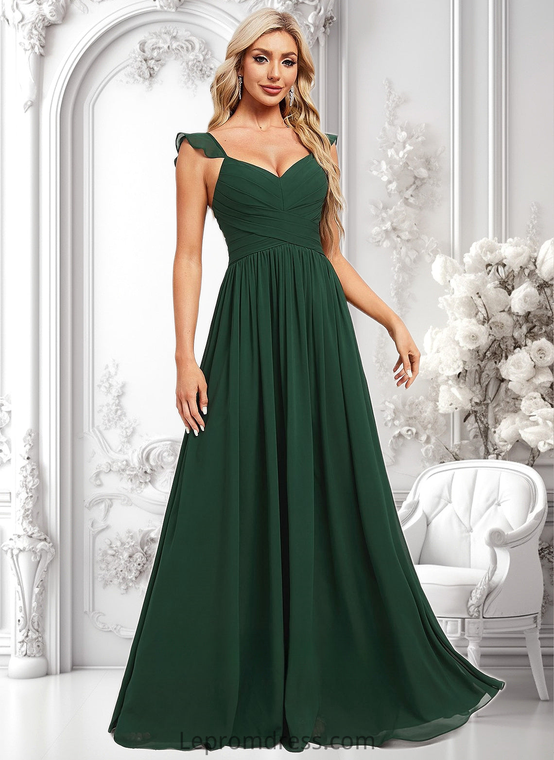 Tiara A-line V-Neck Floor-Length Chiffon Bridesmaid Dress With Ruffle HAP0025811