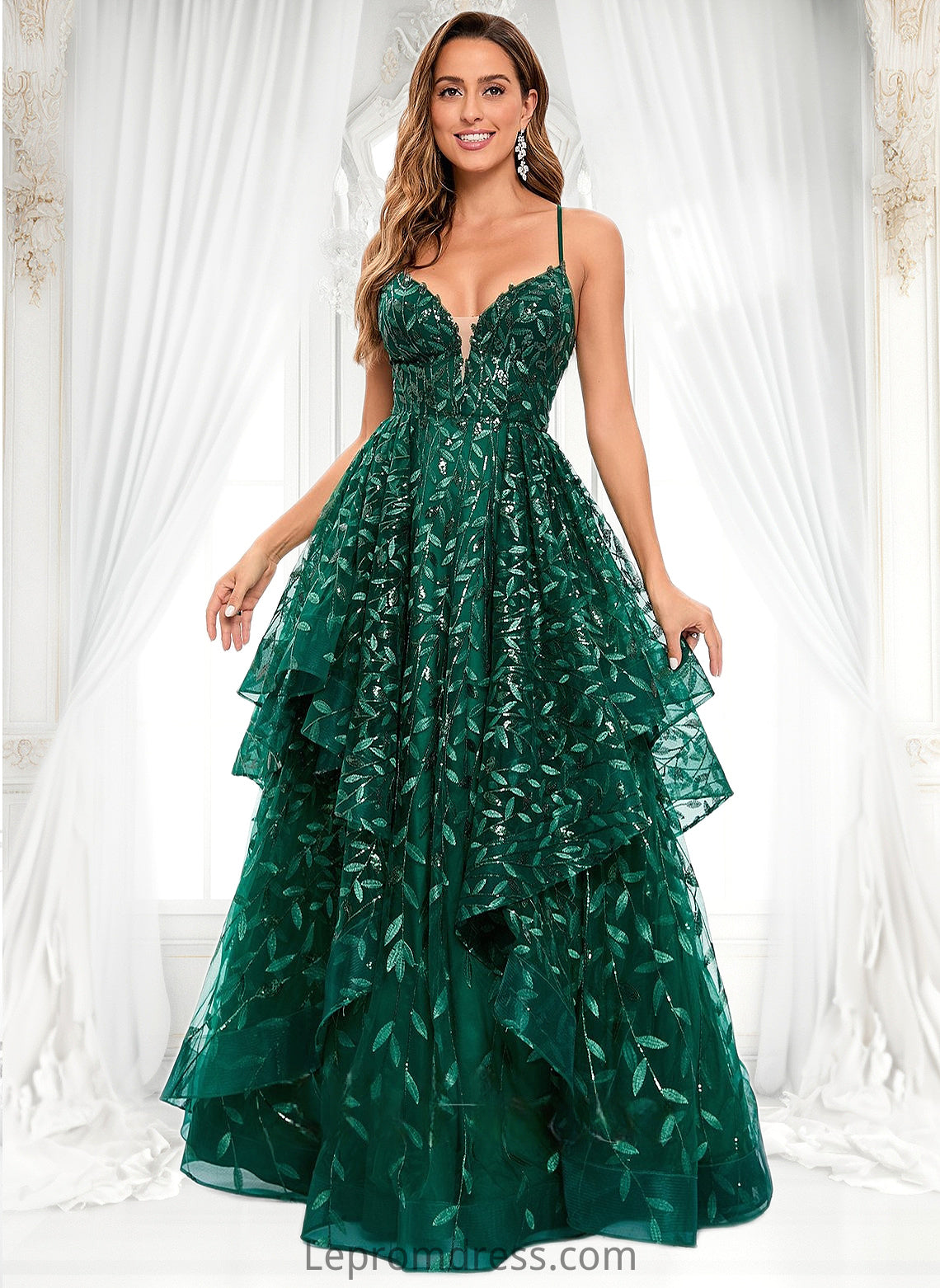 Diamond Ball-Gown/Princess V-Neck Floor-Length Lace Floral Prom Dresses With Sequins HAP0025838