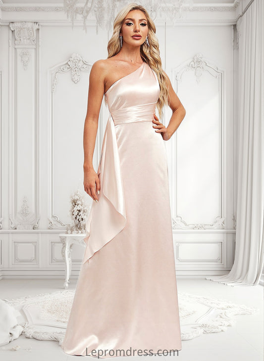 Kennedi A-line One Shoulder Floor-Length Stretch Satin Bridesmaid Dress With Ruffle HAP0025818