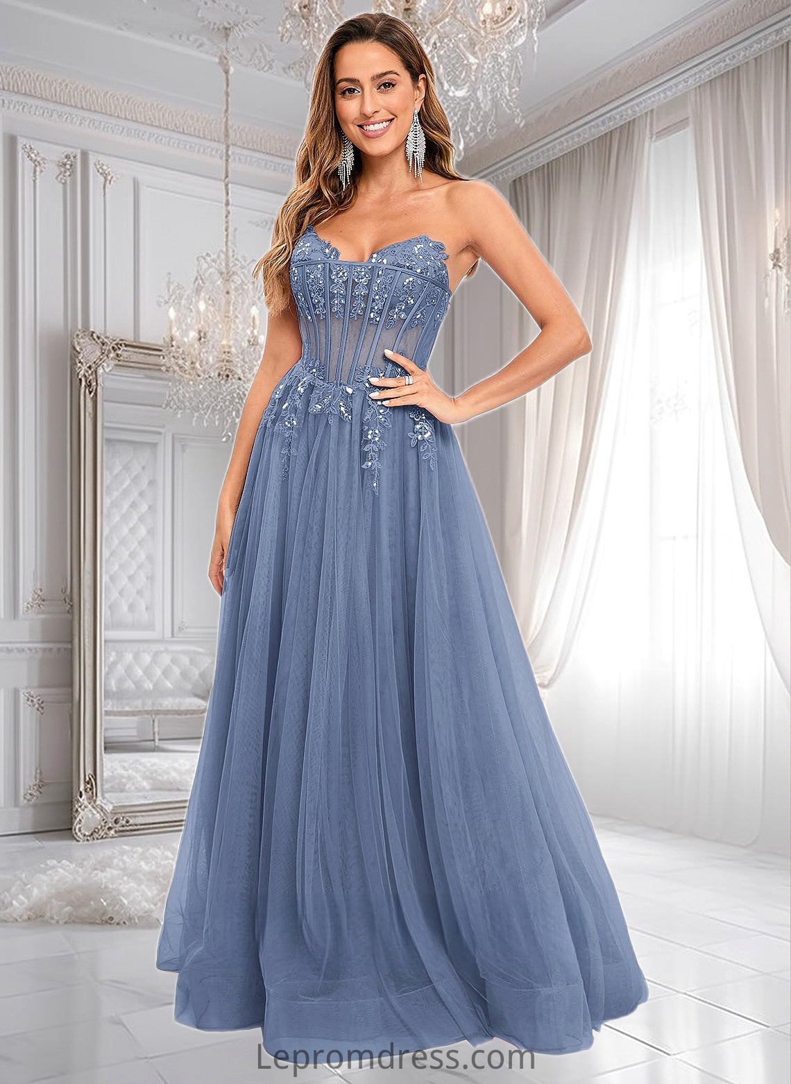 Delilah Ball-Gown/Princess V-Neck Floor-Length Tulle Prom Dresses With Sequins Appliques Lace HAP0025837