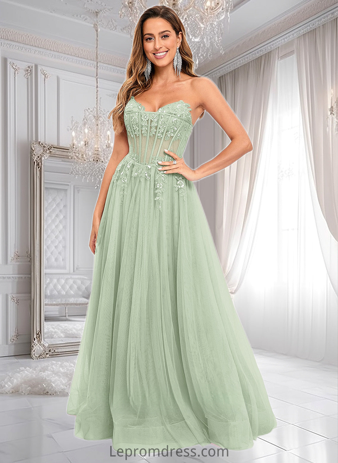 Delilah Ball-Gown/Princess V-Neck Floor-Length Tulle Prom Dresses With Sequins Appliques Lace HAP0025837