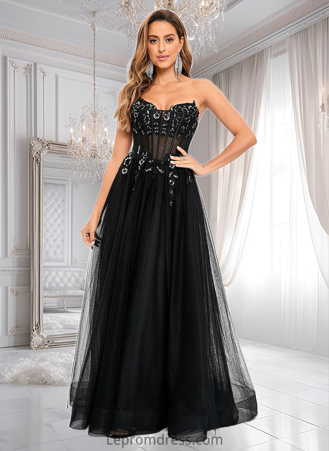 Delilah Ball-Gown/Princess V-Neck Floor-Length Tulle Prom Dresses With Sequins Appliques Lace HAP0025837