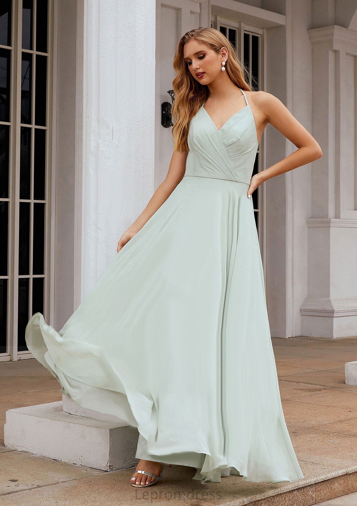 A-line Halter Sleeveless Chiffon Long/Floor-Length Bridesmaid Dresses With Pleated Ruffles Eloise HAP0025623