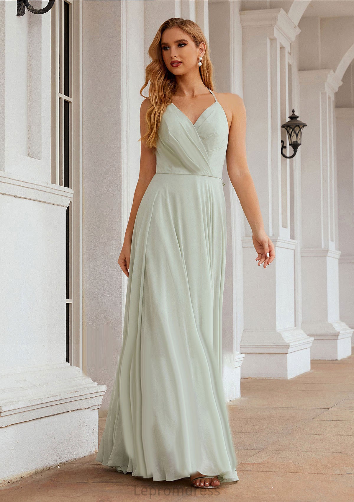 A-line Halter Sleeveless Chiffon Long/Floor-Length Bridesmaid Dresses With Pleated Ruffles Eloise HAP0025623