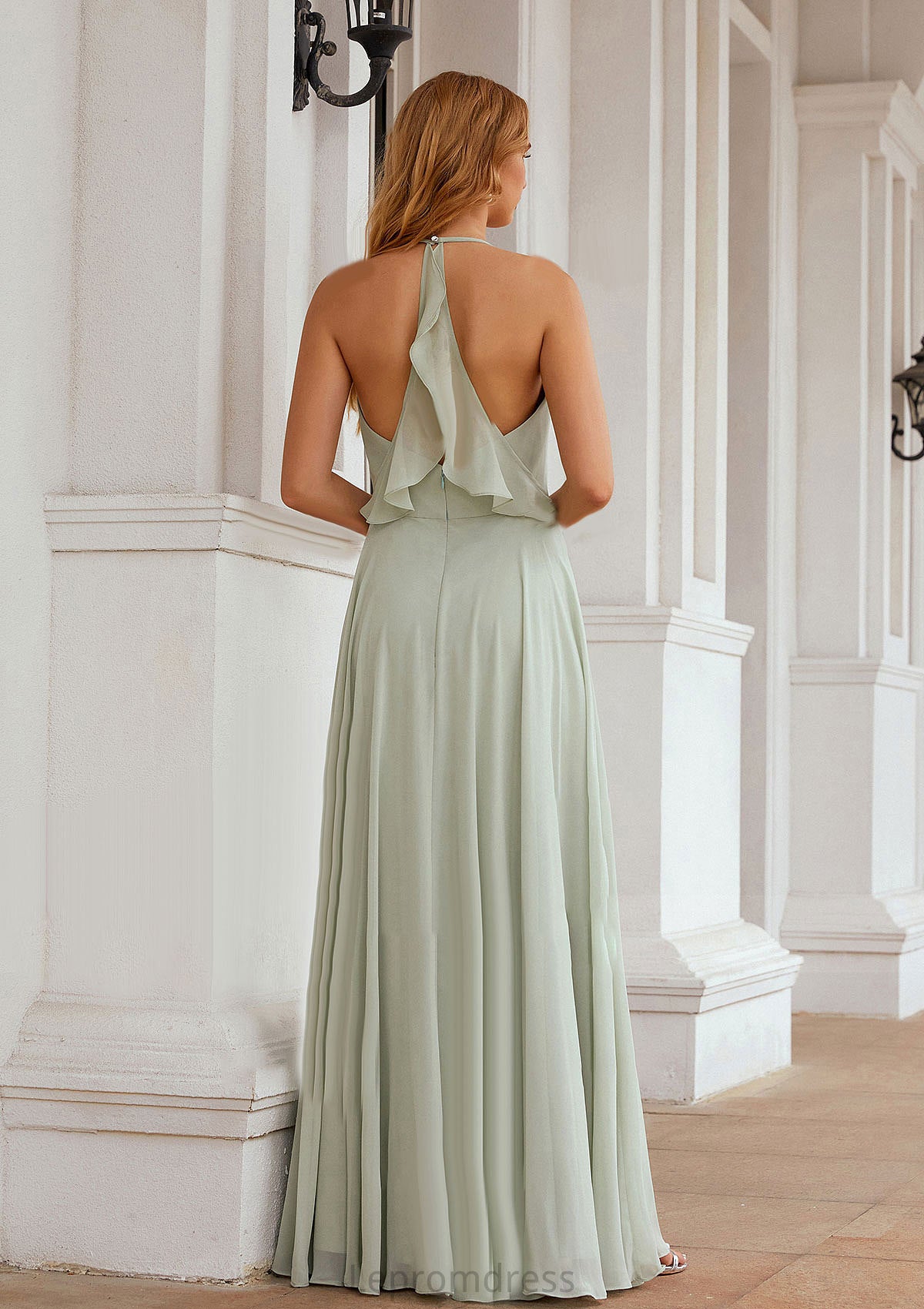 A-line Halter Sleeveless Chiffon Long/Floor-Length Bridesmaid Dresses With Pleated Ruffles Eloise HAP0025623