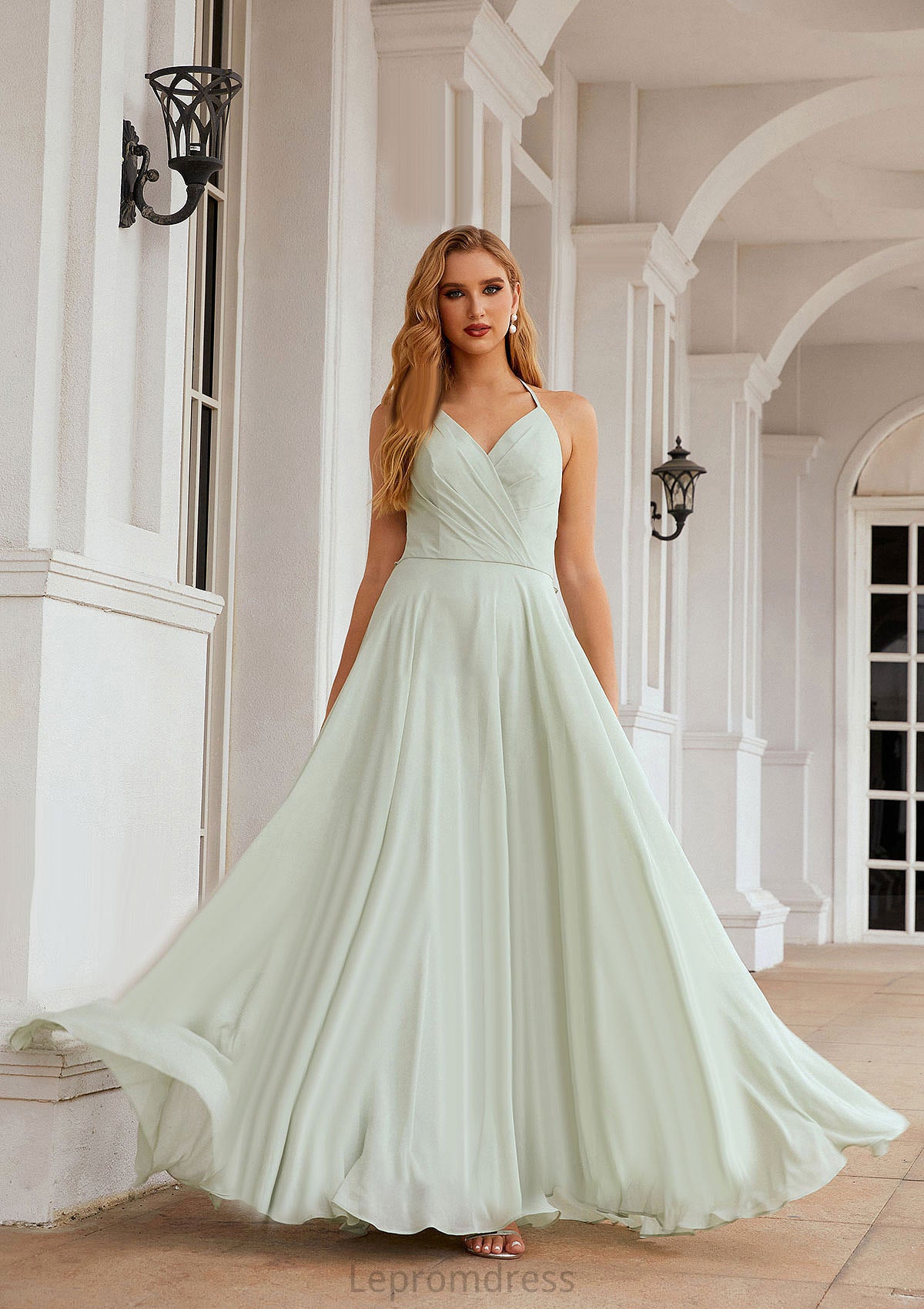 A-line Halter Sleeveless Chiffon Long/Floor-Length Bridesmaid Dresses With Pleated Ruffles Eloise HAP0025623